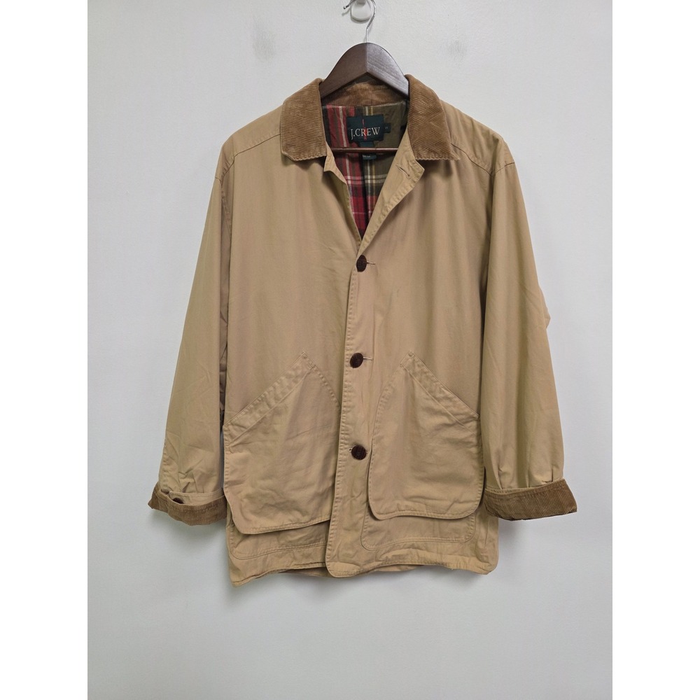 J Crew Oarsman Mens Barn Jacket Size S Field Coat Tan Corduroy Trim Plaid Lined